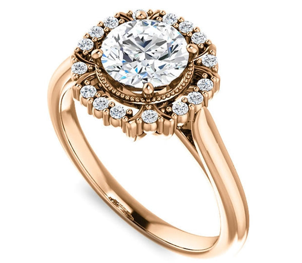 1.00ct (6.5mm) Round  14K Rose Gold Cathedral Halo Style Engagement Ring with Milgraine Accent