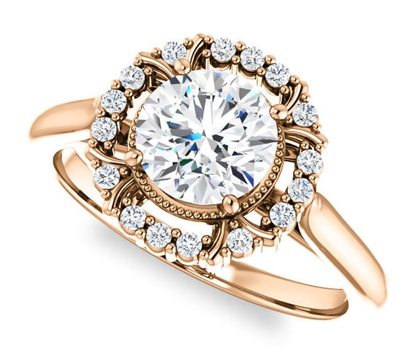 1.00ct (6.5mm) Round  14K Rose Gold Cathedral Halo Style Engagement Ring with Milgraine Accent