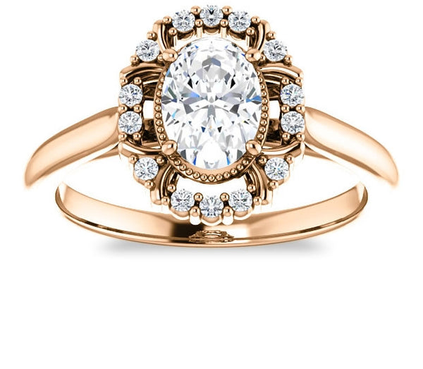 0.90ct (7.0x5.0mm) Oval  14K Rose Gold Cathedral Halo Style Engagement Ring with Milgraine Accent