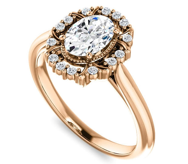 0.90ct (7.0x5.0mm) Oval  14K Rose Gold Cathedral Halo Style Engagement Ring with Milgraine Accent