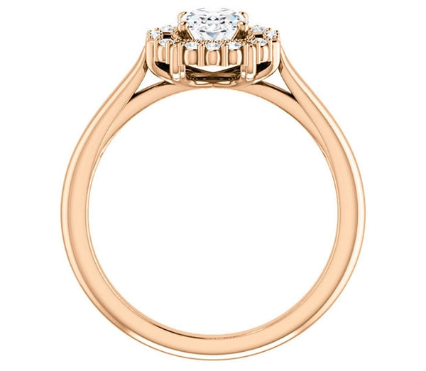 0.90ct (7.0x5.0mm) Oval  14K Rose Gold Cathedral Halo Style Engagement Ring with Milgraine Accent