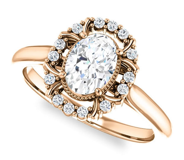 0.90ct (7.0x5.0mm) Oval  14K Rose Gold Cathedral Halo Style Engagement Ring with Milgraine Accent