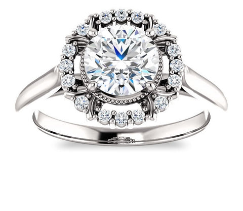 1.00ct (6.5mm) Round  14K White Gold Cathedral Halo Style Engagement Ring with Milgraine Accent