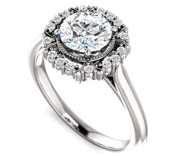 1.00ct (6.5mm) Round  14K White Gold Cathedral Halo Style Engagement Ring with Milgraine Accent