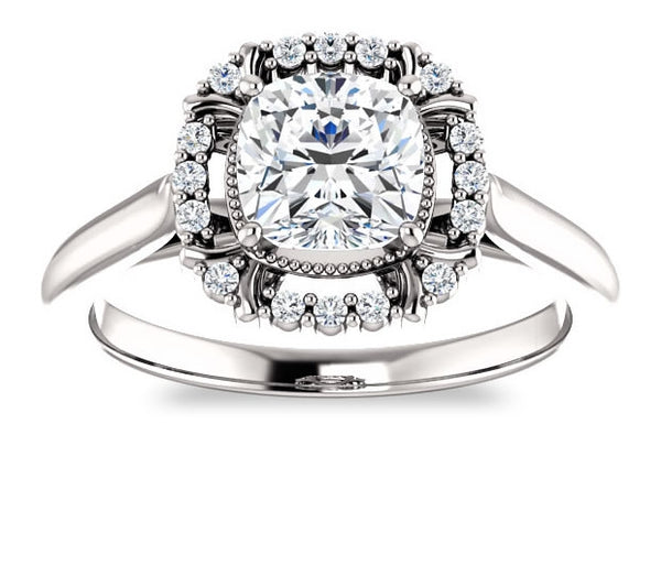 1.70ct (7.0mm) Cushion Moissanite 18k White Gold Cathedral Halo Style Engagement Ring with Milgraine