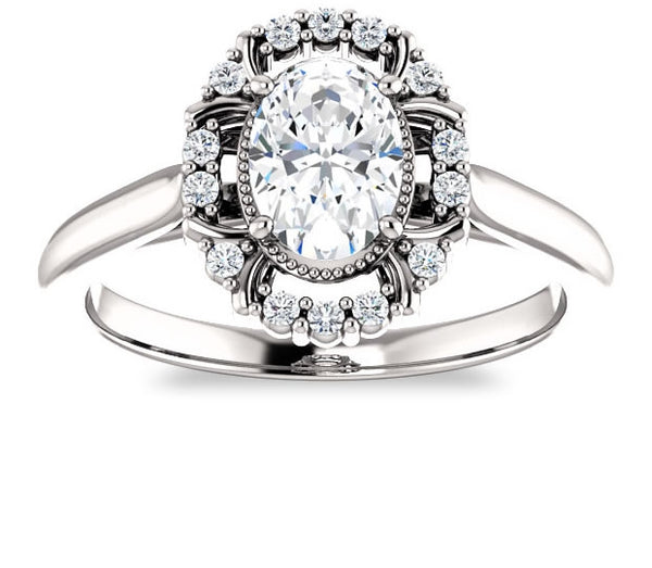 0.90ct (7.0x5.0mm) Oval  14K White Gold Cathedral Halo Style Engagement Ring with Milgraine Accent