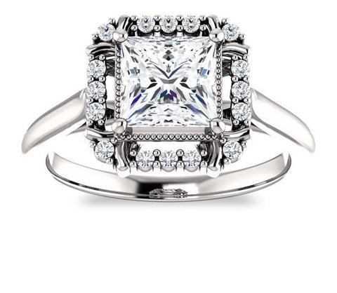 1.30ct (6.0mm) Princess  14K White Gold Cathedral Halo Style Engagement Ring with Milgraine Accent