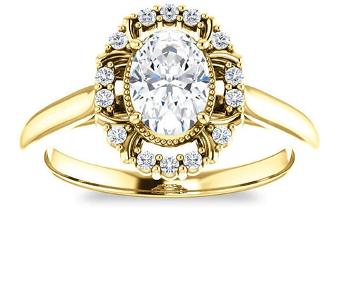 0.90ct (7.0x5.0mm) Oval  14K Yellow Gold Cathedral Halo Style Engagement Ring with Milgraine Accent