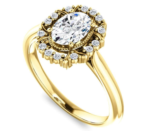 0.90ct (7.0x5.0mm) Oval  14K Yellow Gold Cathedral Halo Style Engagement Ring with Milgraine Accent