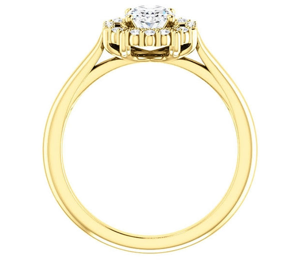 0.90ct (7.0x5.0mm) Oval  14K Yellow Gold Cathedral Halo Style Engagement Ring with Milgraine Accent