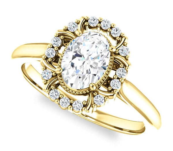 0.90ct (7.0x5.0mm) Oval  14K Yellow Gold Cathedral Halo Style Engagement Ring with Milgraine Accent