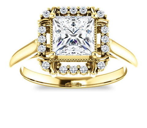 1.30ct (6.0mm) Princess  14K Yellow Gold Cathedral Halo Style Engagement Ring with Milgraine Accent