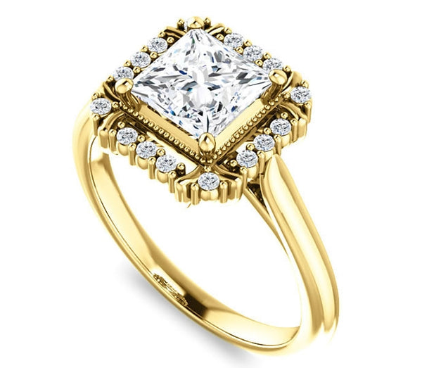 1.30ct (6.0mm) Princess  14K Yellow Gold Cathedral Halo Style Engagement Ring with Milgraine Accent