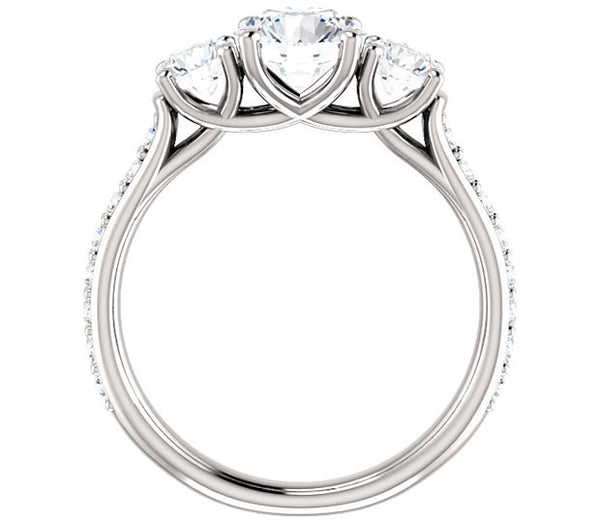 1.00ct (6.5mm) Round  14K White Gold Three Stone Trellis Ring with Moissanite Accents