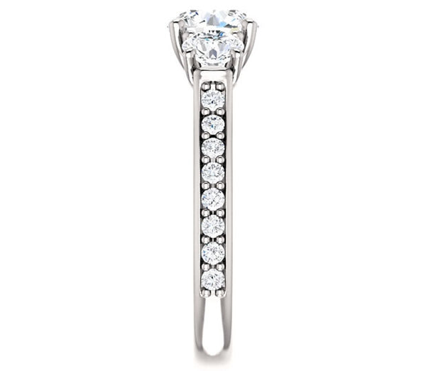 1.00ct (6.5mm) Round  14K White Gold Three Stone Trellis Ring with Moissanite Accents