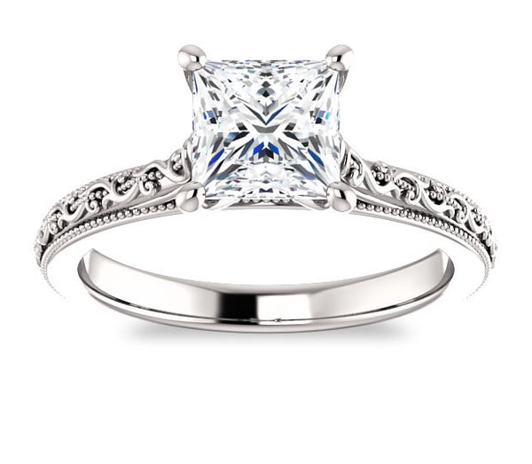 1.70ct (6.5mm) Princess Moissanite 14k White Gold Filigree Engagement Ring with Milgraine Edge