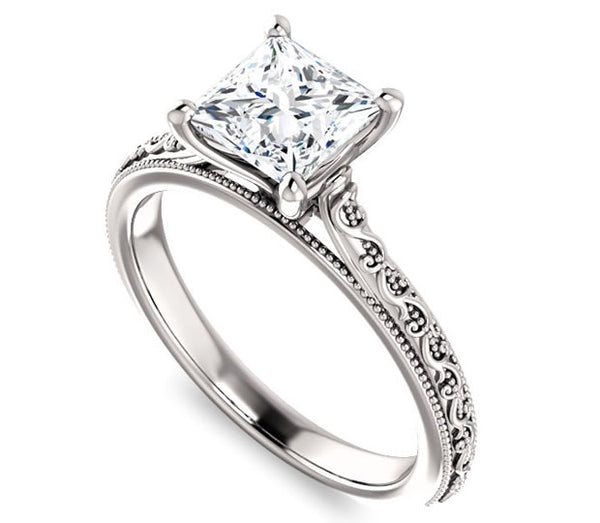 1.70ct (6.5mm) Princess Moissanite 14k White Gold Filigree Engagement Ring with Milgraine Edge