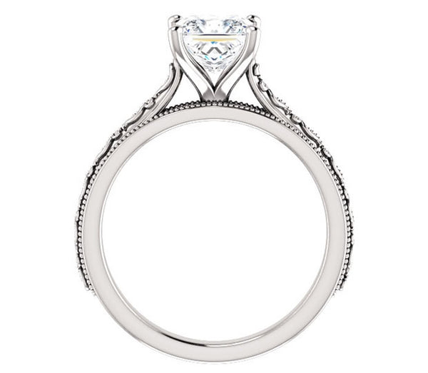 1.70ct (6.5mm) Princess Moissanite 14k White Gold Filigree Engagement Ring with Milgraine Edge