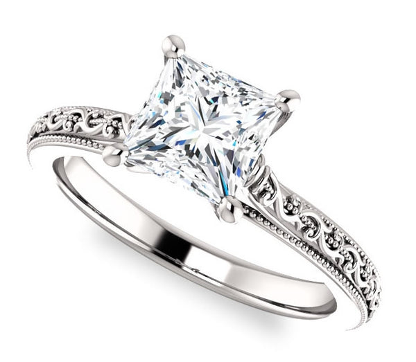 1.70ct (6.5mm) Princess Moissanite 14k White Gold Filigree Engagement Ring with Milgraine Edge