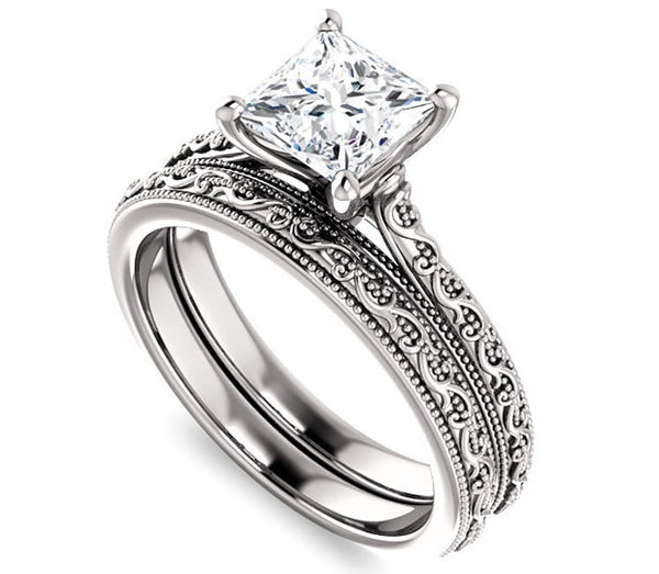 1.70ct (6.5mm) Princess Moissanite 14k White Gold Filigree Engagement Ring with Milgraine Edge