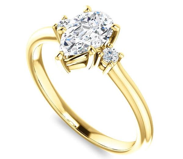 1.50ct (9.0x6.0mm) Pear Moissanite 14k Yellow Gold Engagement Ring with Brilliant Round Moissanite A