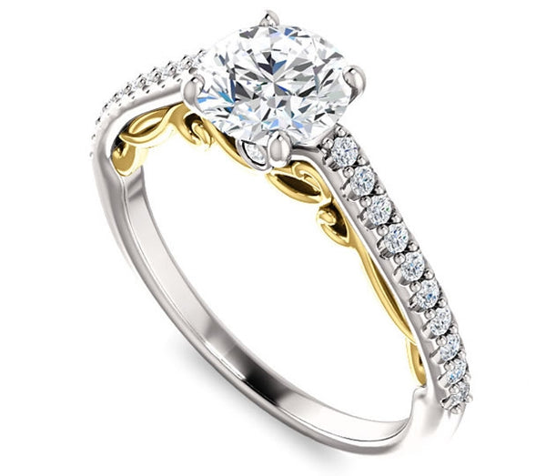 1.50ct (7.5mm) Round Moissanite 18k White Gold Two-Tone Scrollwork with Moissanite Gem Accents Engag