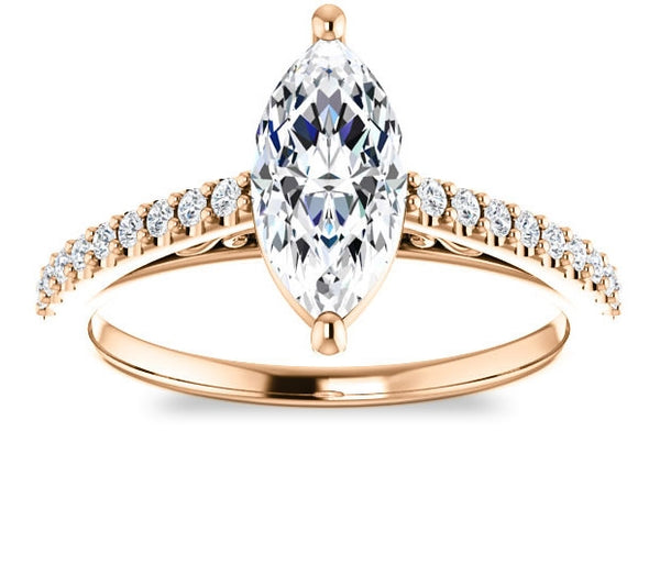 1.00ct (10.0x5.0mm) Marquise Moissanite 14k Rose Gold Engagement Ring with French-Set Moissanite Acc